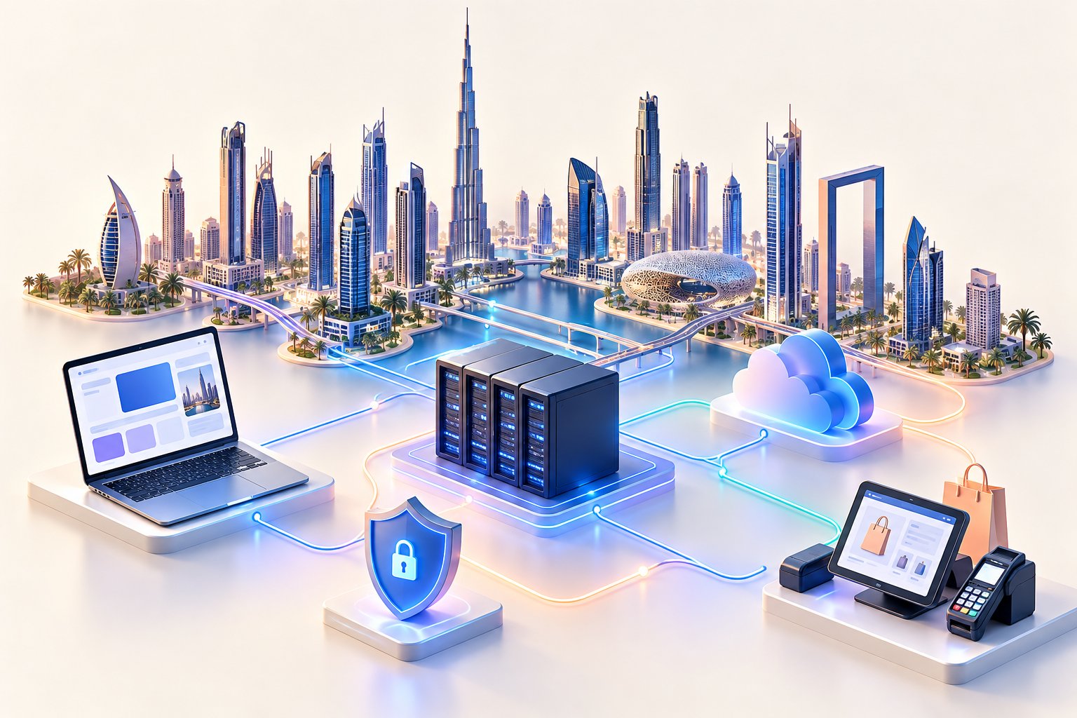 Conceptual UAE city connected to business technology systems
